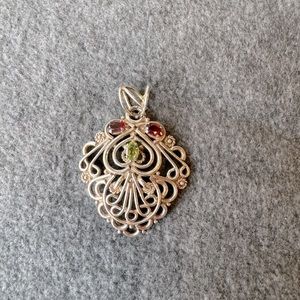 Handmade Sterling Silver filigree pendant with garnet and aventurine stones